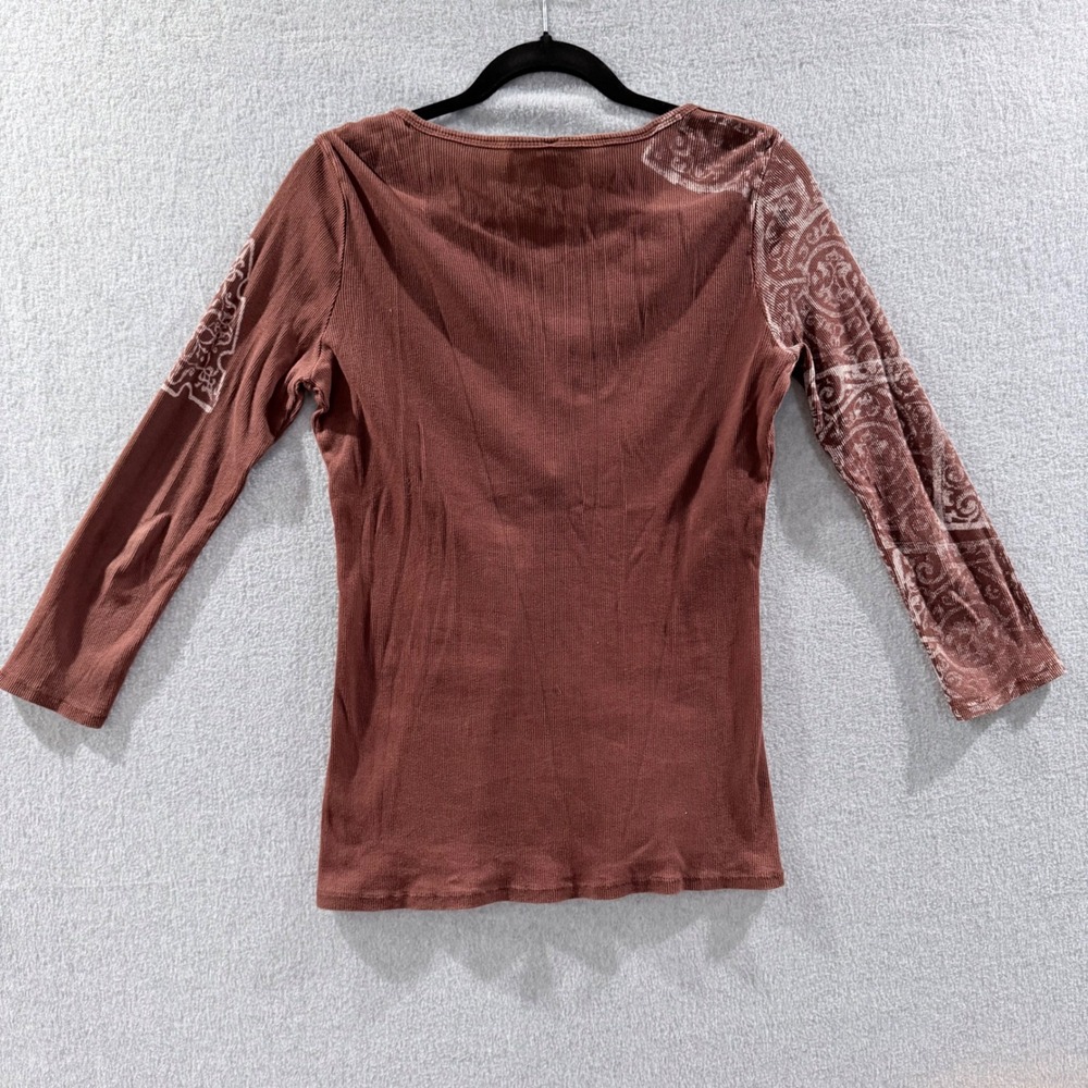 Ribbed Graphic Henley Long Sleeve Shirt Boho Y2K Medium Goth Grunge Womens Brown - Picture 3 of 6